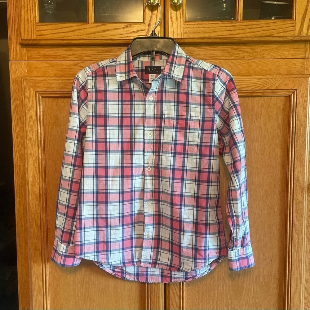 Place Plaid Kids Shirt - Pink and Blue unisex button down size large(10/12)